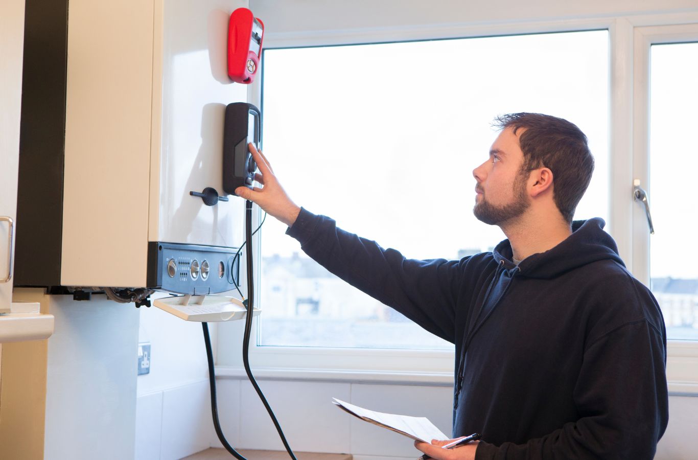 A Climate Systems expert repairing a boiler in Allison Park, PA, highlighting the advantages of professional heating services.