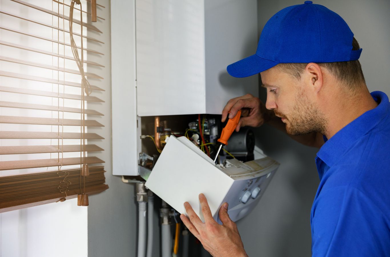 A Climate Systems expert repairing a boiler in Mars, PA, demonstrating the benefits of professional heating service.