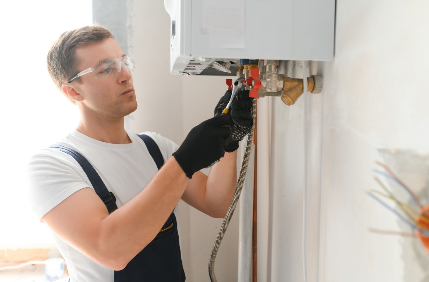 A skilled Climate Systems technician inspecting a boiler in Mars, PA, highlighting precision and expertise in heating repairs. Boiler Repair near me.